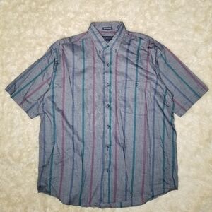Vintage 90s Casual Button Down Shirt Gray Striped Short Sleeves Men's size XL